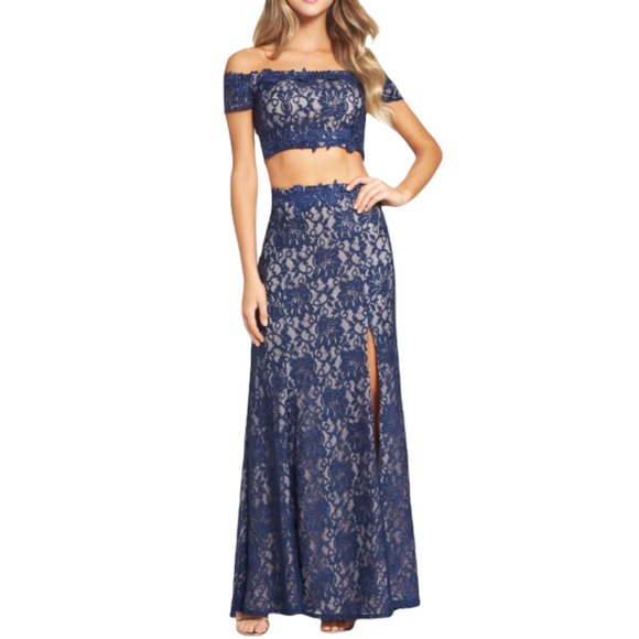 Prom 2-piece Blue Lace Sparkly Off the Shoulder Dress - Picture 1 of 7